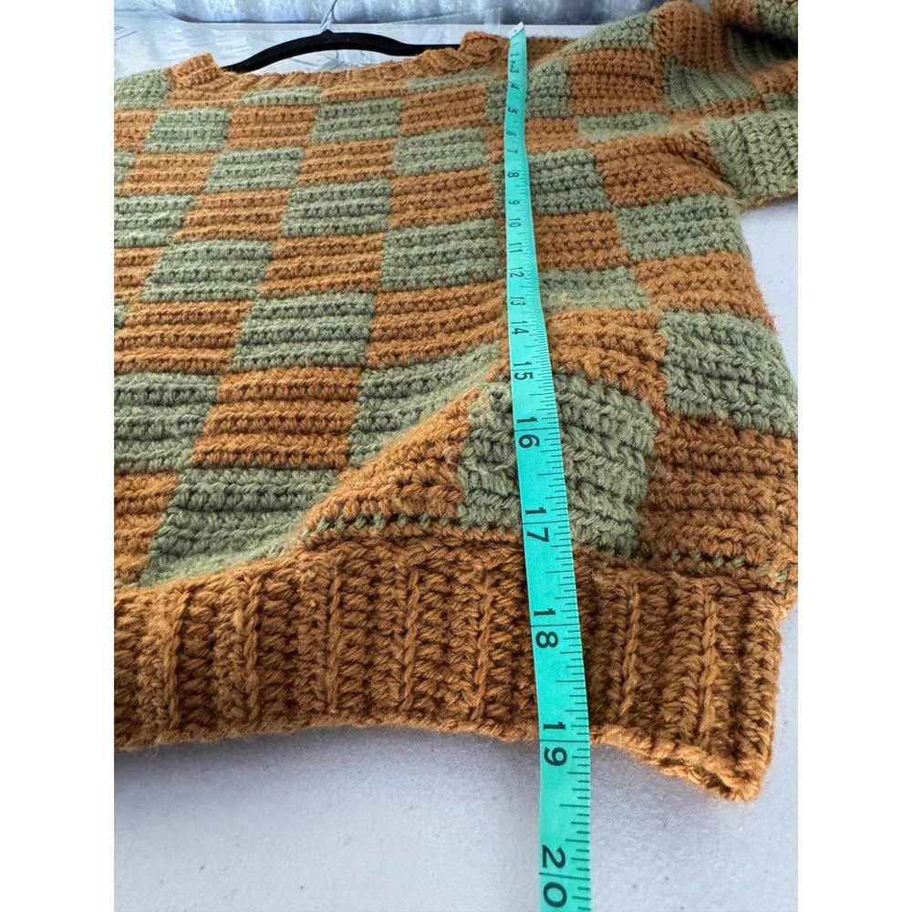 Vintage Handmade Crochet Knit Checkerboard Sweater Orange Green Balloon Sleeve - Picture 4 of 10